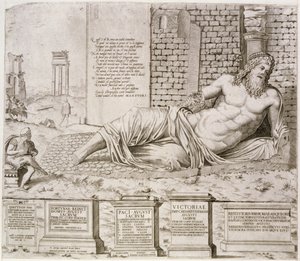 Den "snakende" statuen av Marforio i Roma, gravert av kunstneren, 1550